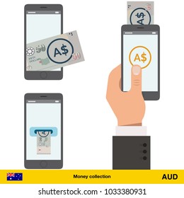 Mobile banking concept. Australian dollar banknote. Transferring Money vector illustration