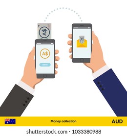 Mobile banking concept. Australian dollar banknote. Transferring Money vector illustration
