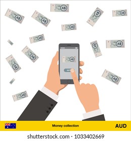 Mobile banking concept.  Australian dollar banknote. Transferring Money vector illustration