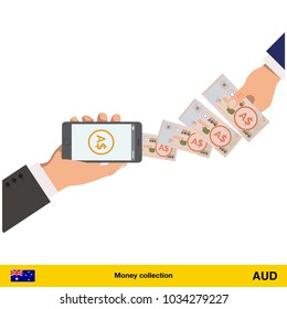 Mobile banking concept. Australian dollar banknote. Transferring Money vector illustration