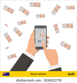 Mobile banking concept.  Australian dollar banknote. Transferring Money vector illustration