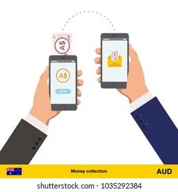Mobile banking concept. Australian dollar banknote. Transferring Money vector illustration