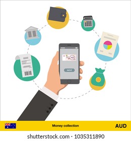 Mobile banking concept.  Australian dollar banknote. Transferring Money vector illustration