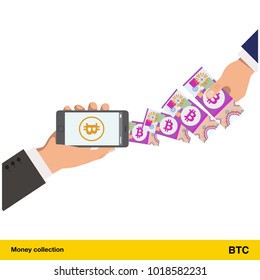 Mobile banking concept. Bitcoin banknote. Transferring Money vector illustration