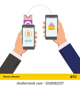 Mobile banking concept. Bitcoin banknote. Transferring Money vector illustration