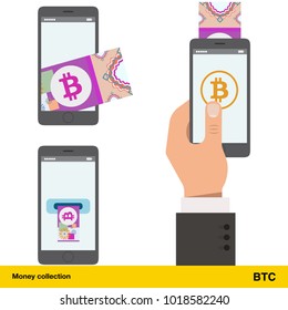 Mobile banking concept. Bitcoin banknote. Transferring Money vector illustration