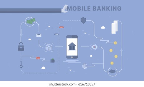 Mobile Banking. Concept business vector for investing into ideas, creative innovative work, growing business. Flat illustration with thin broken line.