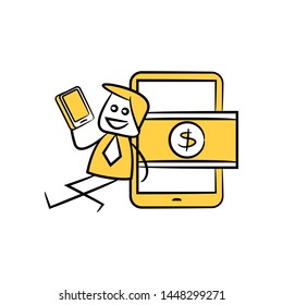 mobile banking concept, businessman sitting next to smart phone and money bill yellow stick figure theme