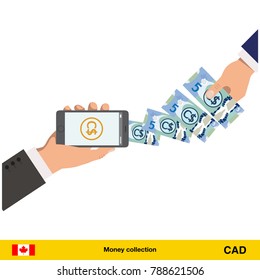 Mobile banking concept. Canadian dollar banknote. Transferring Money vector illustration