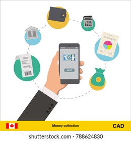 Mobile banking concept. Canadian dollar banknote. Transferring Money vector illustration