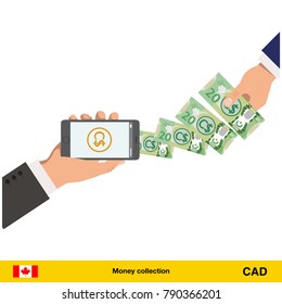 Mobile banking concept. Canadian dollar banknote. Transferring Money vector illustration