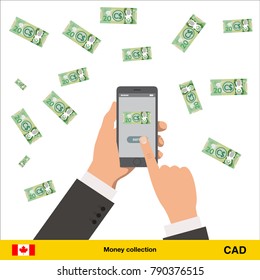 Mobile banking concept. Canadian dollar banknote. Transferring Money vector illustration