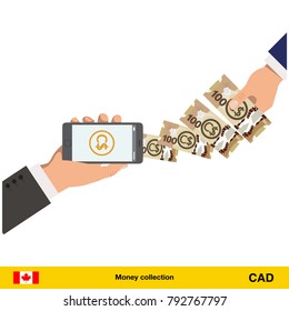 Mobile banking concept. Canadian dollar banknote. Transferring Money vector illustration