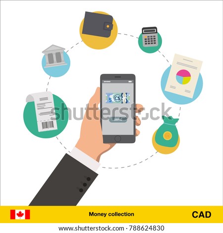 Mobile banking concept. Canadian dollar banknote. Transferring Money vector illustration
