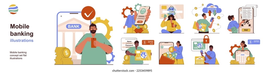 Mobile banking concept with character situations collection. Bundle of scenes people using bank application for money control, making transactions and payment. Vector illustrations in flat web design