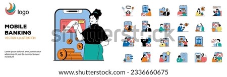 Mobile banking concept with character situations mega set. Bundle of scenes people sending money online, using secure payment, managing account in application. Vector illustrations in flat web design