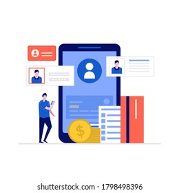 Mobile banking concept with characters, smartphone, credit card, coin. Modern vector illustration in flat style for landing page, mobile app, poster, template, web banner, infographics, hero images.