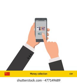 Mobile banking concept. Chinese Yuan banknote. Transferring Money vector illustration