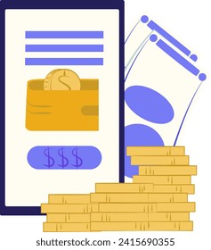 Concepto de banca móvil con billetera digital y monedas. Smartphone con aplicación de cartera y pila de ilustraciones vectoriales de monedas.