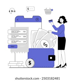 Concepto de banca móvil. Billetera digital, sistema de pago, banco móvil, transferencia de dinero. Mujer con billetera, dinero, App móvil. Ilustración vectorial con gente de línea para el Diseño web.	
