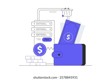 Mobile banking concept. Digital wallet, paying system, mobile bank, money transfer. Wallet, money, mobile app. Flat Cartoon Vector Illustration, icon. Stylish abstract