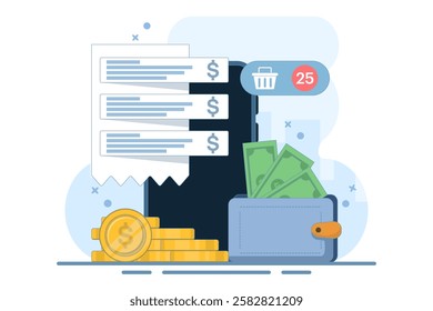 Mobile banking concept. Digital wallet, payment system, mobile banking, money transfer. Wallet, money, mobile app. Icon. Stylish abstract. Flat Cartoon Vector Illustration.