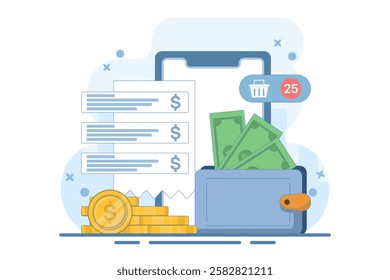 Mobile banking concept. Digital wallet, payment system, mobile banking, money transfer. Wallet, money, mobile app. Icon. Stylish abstract. Flat Cartoon Vector Illustration.