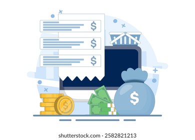 Mobile banking concept. Digital wallet, payment system, mobile banking, money transfer. Wallet, money, mobile app. Icon. Stylish abstract. Flat Cartoon Vector Illustration.