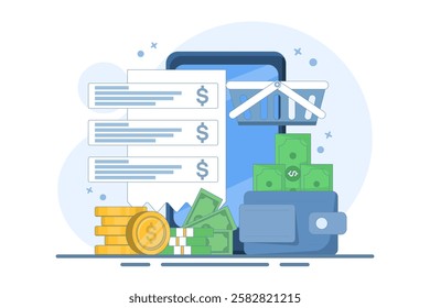 Mobile banking concept. Digital wallet, payment system, mobile banking, money transfer. Wallet, money, mobile app. Icon. Stylish abstract. Flat Cartoon Vector Illustration.