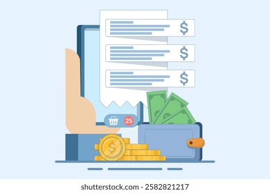 Mobile banking concept. Digital wallet, payment system, mobile banking, money transfer. Wallet, money, mobile app. Icon. Stylish abstract. Flat Cartoon Vector Illustration.