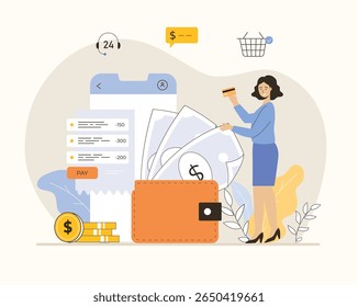 Conceito de banco móvel. Carteira digital, sistema de pagamento, banco móvel, transferência de dinheiro. Mulher com carteira, dinheiro, aplicativo móvel. Ilustração de vetor plano.	
