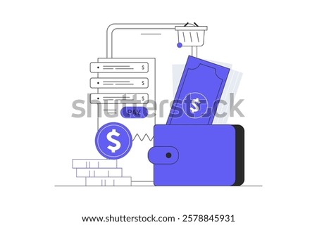 Mobile banking concept. Digital wallet, paying system, mobile bank, money transfer. Wallet, money, mobile app. Flat Cartoon Vector Illustration, icon. Stylish abstract
