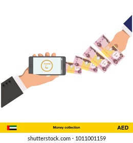 Mobile banking concept. Dirham banknote. Transferring Money vector illustration