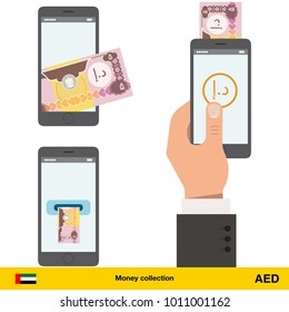 Mobile banking concept. Dirham banknote. Transferring Money vector illustration