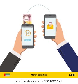 Mobile banking concept. Dirham banknote. Transferring Money vector illustration