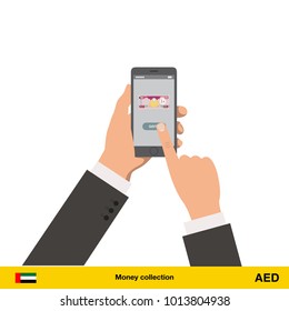 Mobile banking concept. Dirham banknote. Transferring Money vector illustration