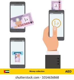 Mobile banking concept. Dirham banknote. Transferring Money vector illustration