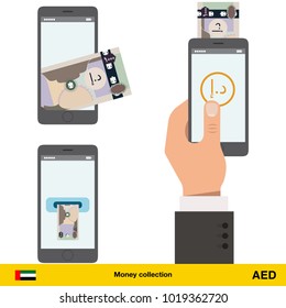 Mobile banking concept. Dirham banknote. Transferring Money vector illustration