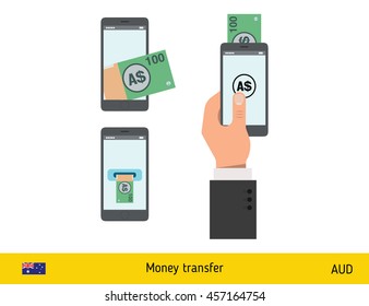 Mobile banking concept. Dollar banknote. Transferring Money vector illustration
