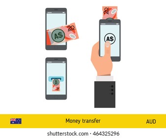 Mobile banking concept. Dollar banknote. Transferring Money vector illustration