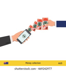 Mobile banking concept. Dollar banknote. Transferring Money vector illustration