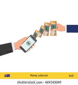 Mobile banking concept. Dollar banknote. Transferring Money vector illustration