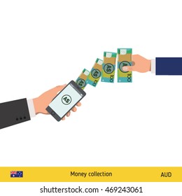 Mobile banking concept. Dollar banknote. Transferring Money vector illustration