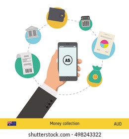 Mobile banking concept. Dollar banknote. Transferring Money vector illustration