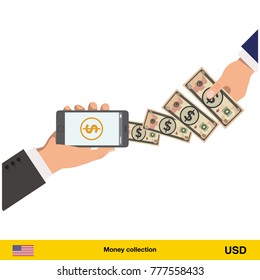 Mobile banking concept. Dollar banknote. Transferring Money vector illustration