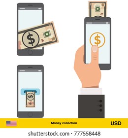 Mobile banking concept. Dollar banknote. Transferring Money vector illustration
