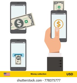 Mobile banking concept. Dollar banknote. Transferring Money vector illustration