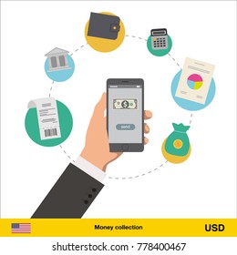 Mobile banking concept. Dollar banknote. Transferring Money vector illustration