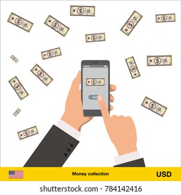 Mobile banking concept. Dollar banknote. Transferring Money vector illustration