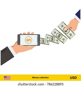 Mobile banking concept. Dollar banknote. Transferring Money vector illustration